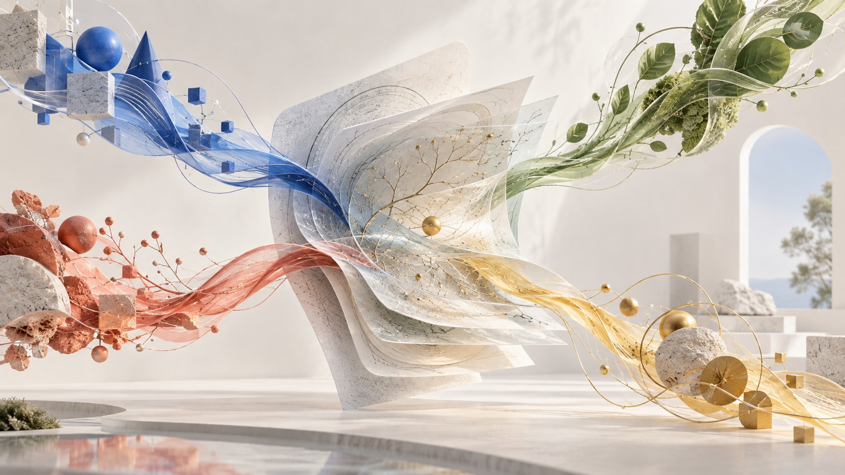 Blue, green, coral and gold strands of ideas converging through floating pages in a sunlit architectural space