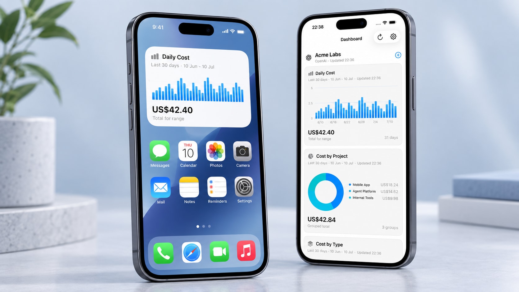 Two iPhones showing API Usage, with a daily cost Home Screen widget and a customisable spending dashboard