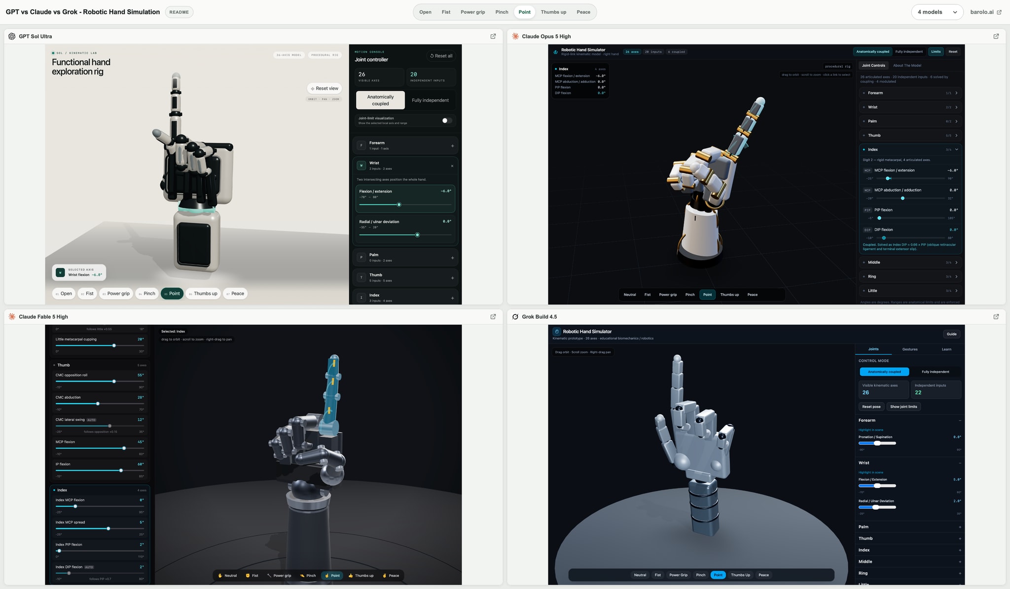Four AI-generated robotic hand simulations displayed side by side with joint and gesture controls